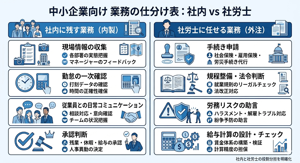 社内業務と社労士に依頼する業務の分け方を整理した図