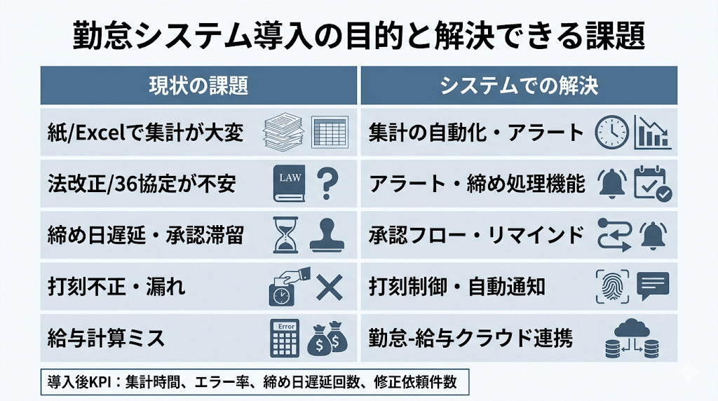 勤怠システム導入の目的と解決できる課題を整理した図