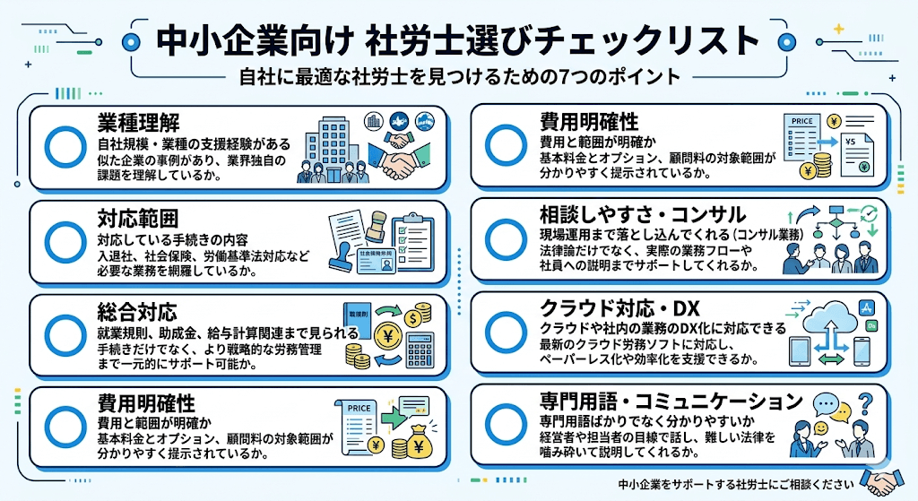 中小企業が社労士を選ぶ際のチェックポイントをまとめたリスト