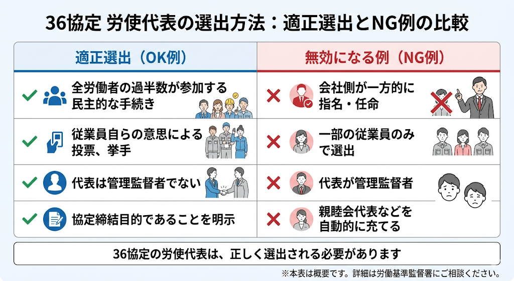 36協定の労使代表の選出方法と無効になるNG例を比較した図