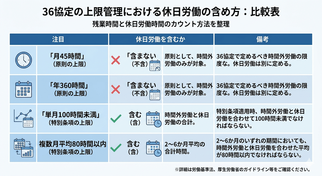 36協定が必要になる時間外労働と休日労働の範囲を整理した図