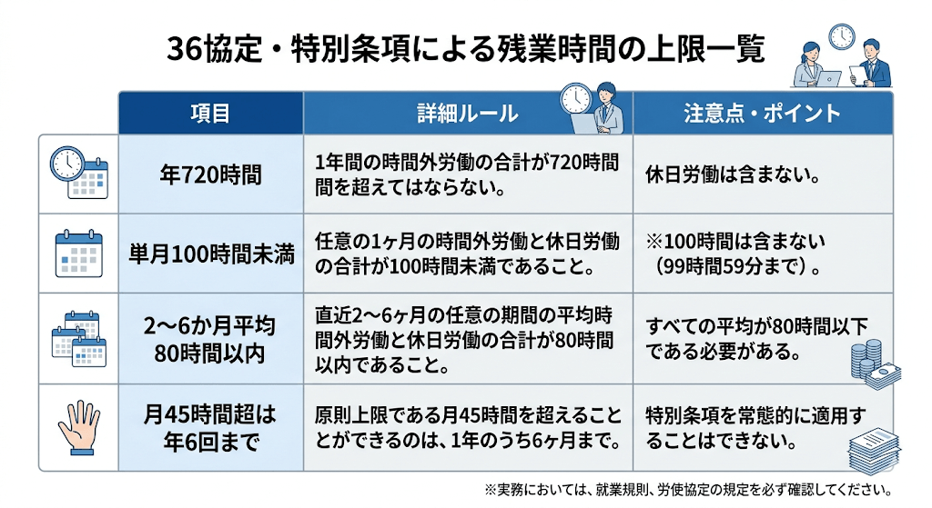 36協定の特別条項による残業時間の上限(100時間未満・複数月80時間以内など)をまとめた一覧