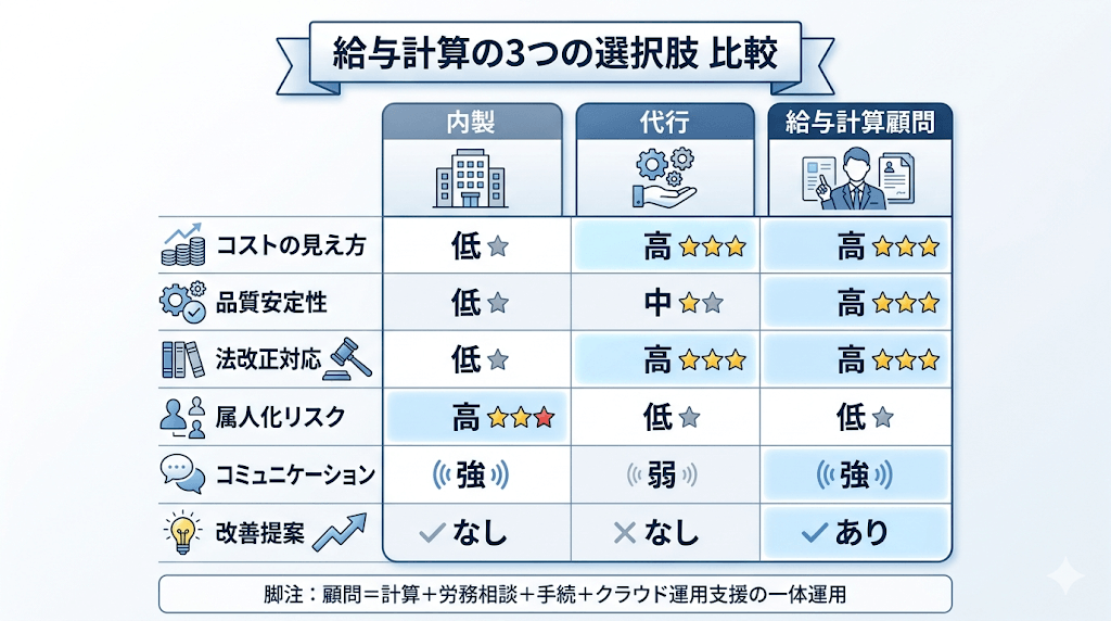 給与計算の内製・アウトソーシング・顧問の違いを比較した表