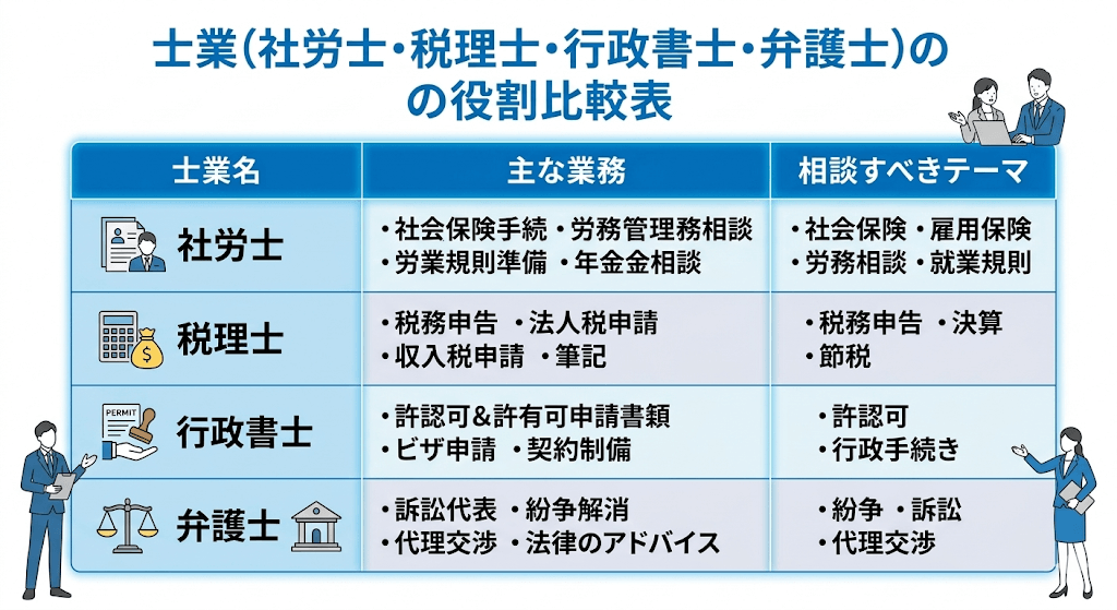 社労士・税理士・行政書士・弁護士の役割の違いを比較した表