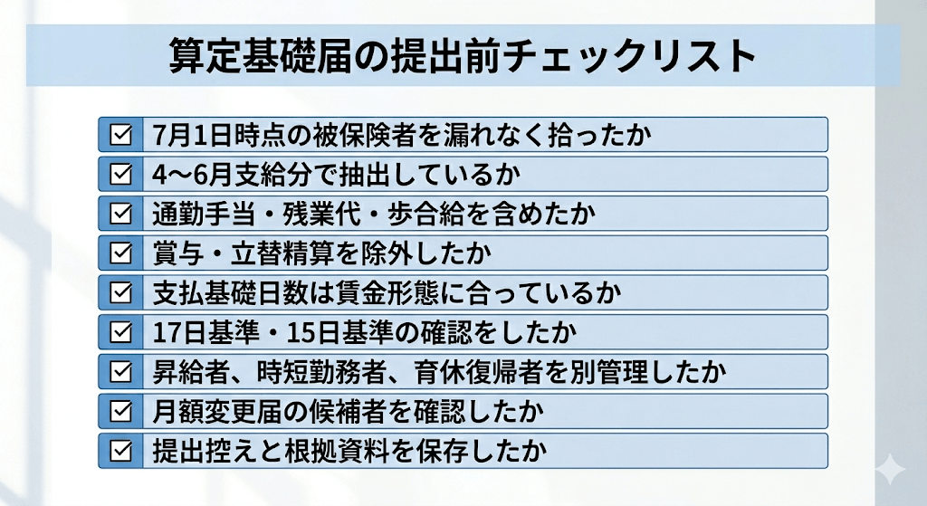 算定基礎届の提出前に確認すべき対象者・報酬・日数・月額変更届のチェックリスト