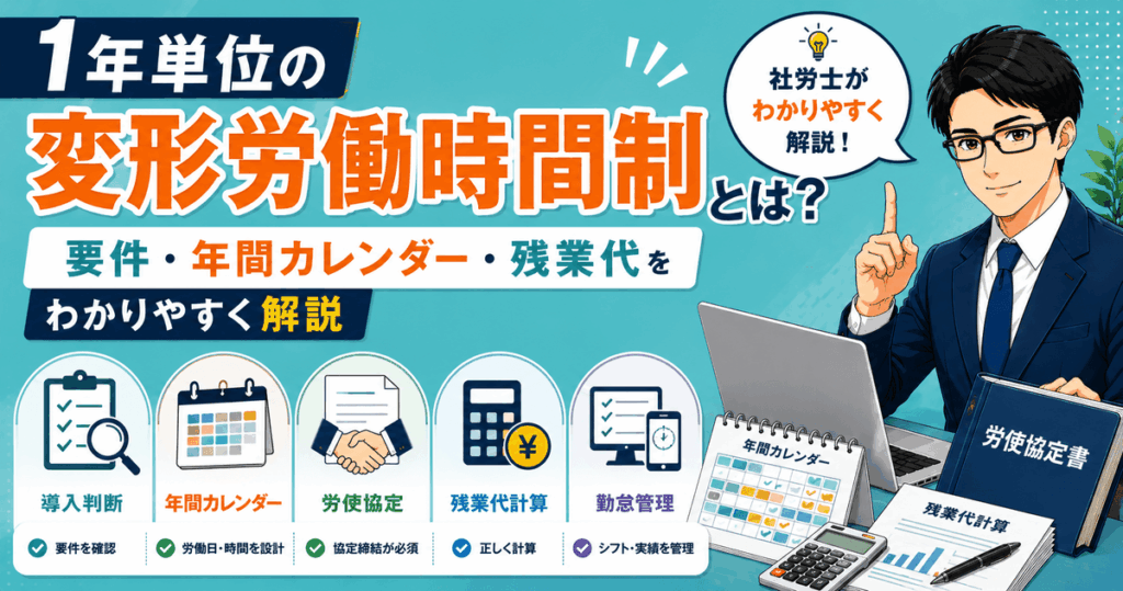 1年単位の変形労働時間制の要件や年間カレンダー、残業代の考え方を解説した記事のアイキャッチ画像