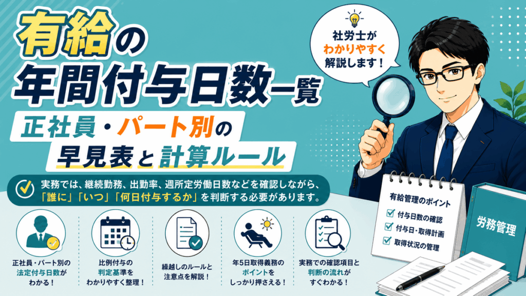 有給休暇の年間付与日数や正社員・パート別の付与日数一覧を解説した記事のアイキャッチ画像