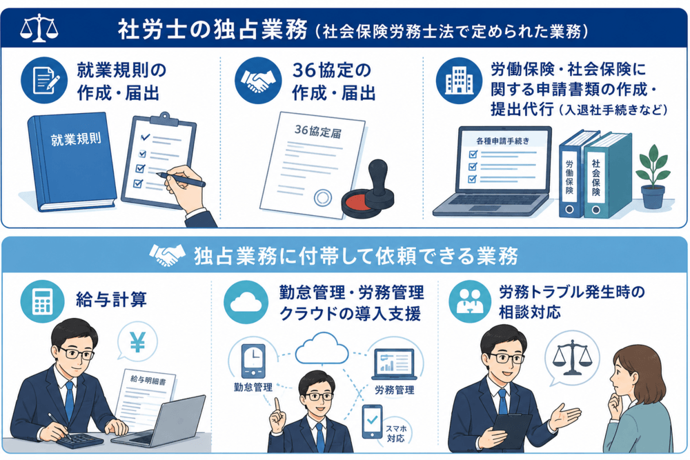 社労士に依頼できる独占業務と付帯業務の違いを表したイラスト